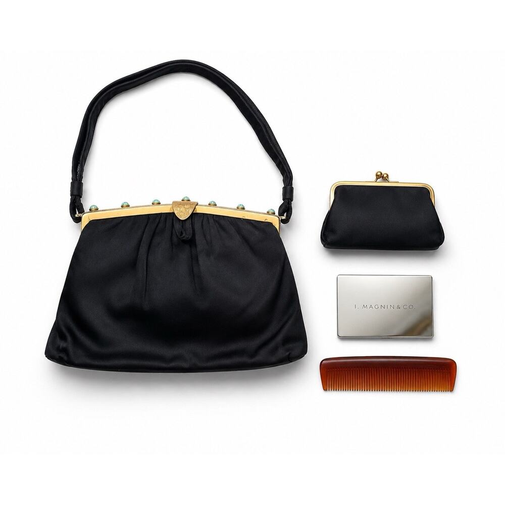 Vintage I. Magnin Black Satin Gold Turquoise Gems Evening Bag Set & Accessories